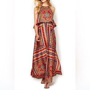 Torn by Ronny Kobo CELINA Orange Ethnic Tribal Scarf Print Maxi Dress S $298